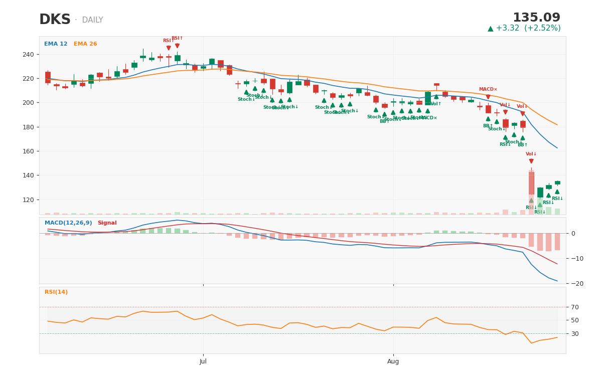 DICK'S Sporting Goods 1-year daily chart with technical signals -- a sharp V-shaped bounce off the record one-day-crash 